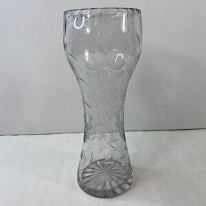 Clear Corset Cut Glass 12" Crystal Vase Floral Daisy Star Center Vintage
